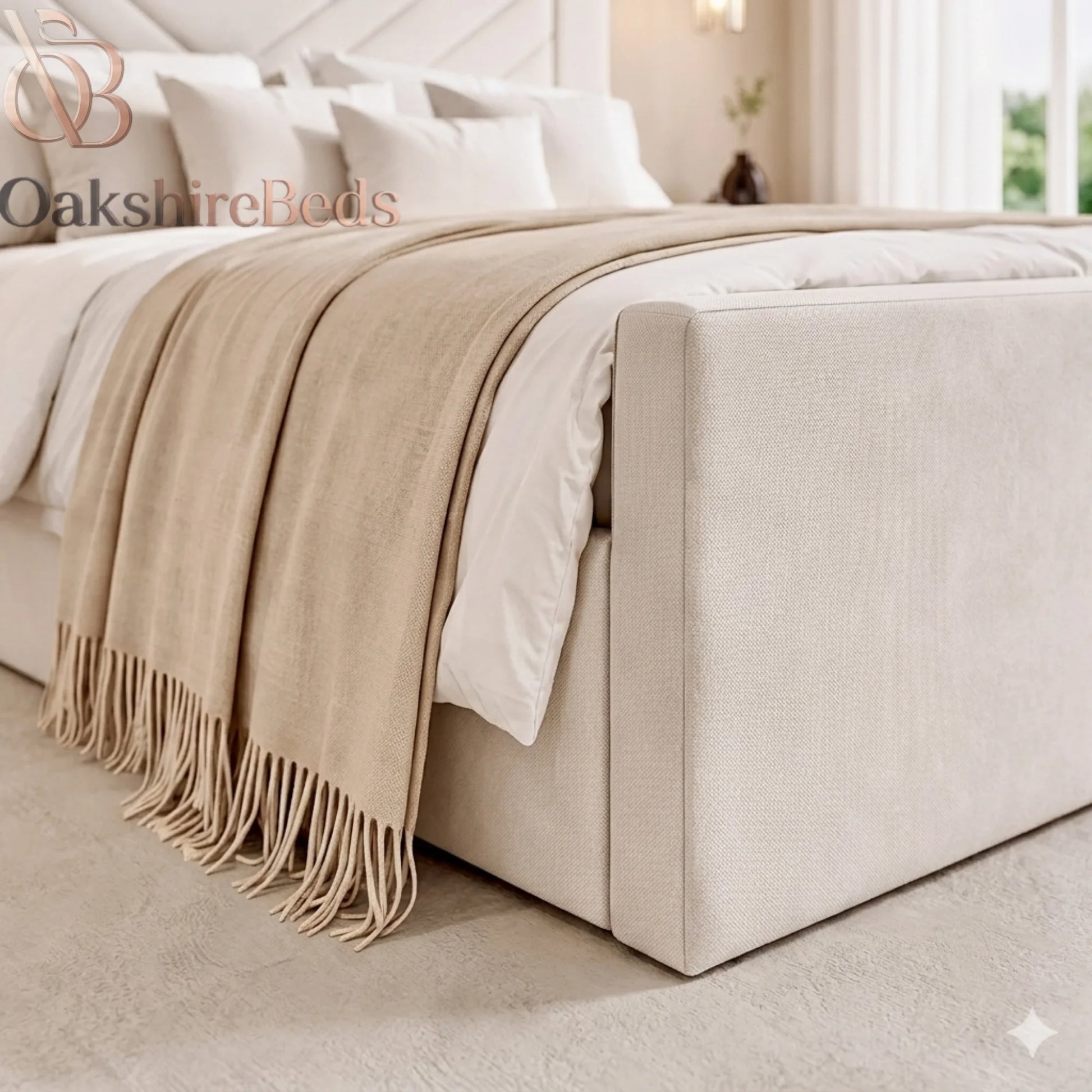 Oren Bed Frame UK – Luxury Upholstered Bed with 70” Headboard | OakshireBeds