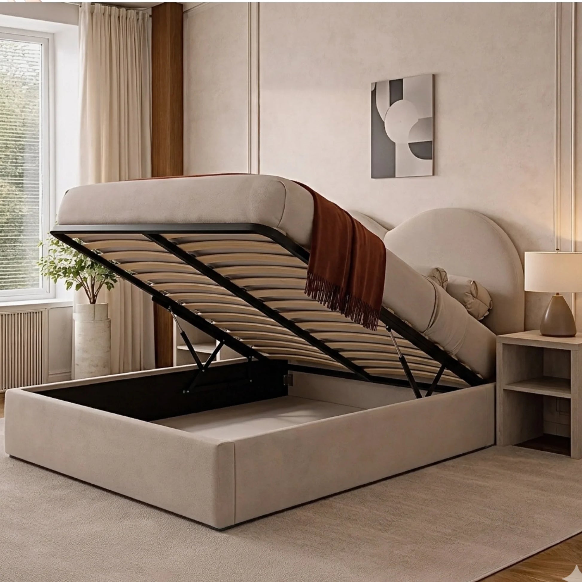 Maison Amour ottoman storage bed with hidden underbed storage and bouclé upholstery