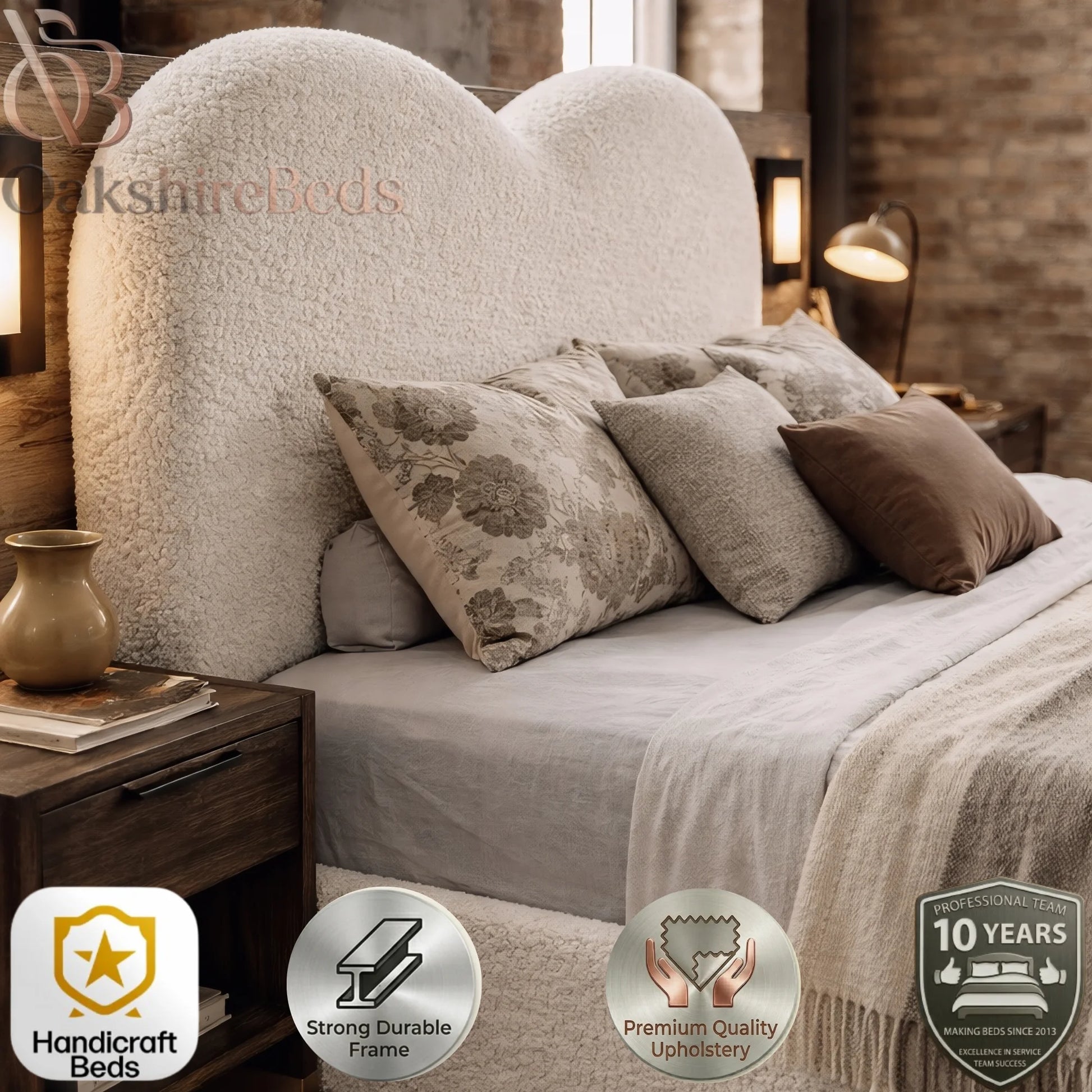 Maison Amour Bed close-up showing premium teddy bouclé texture and fixed 46 inch headboard