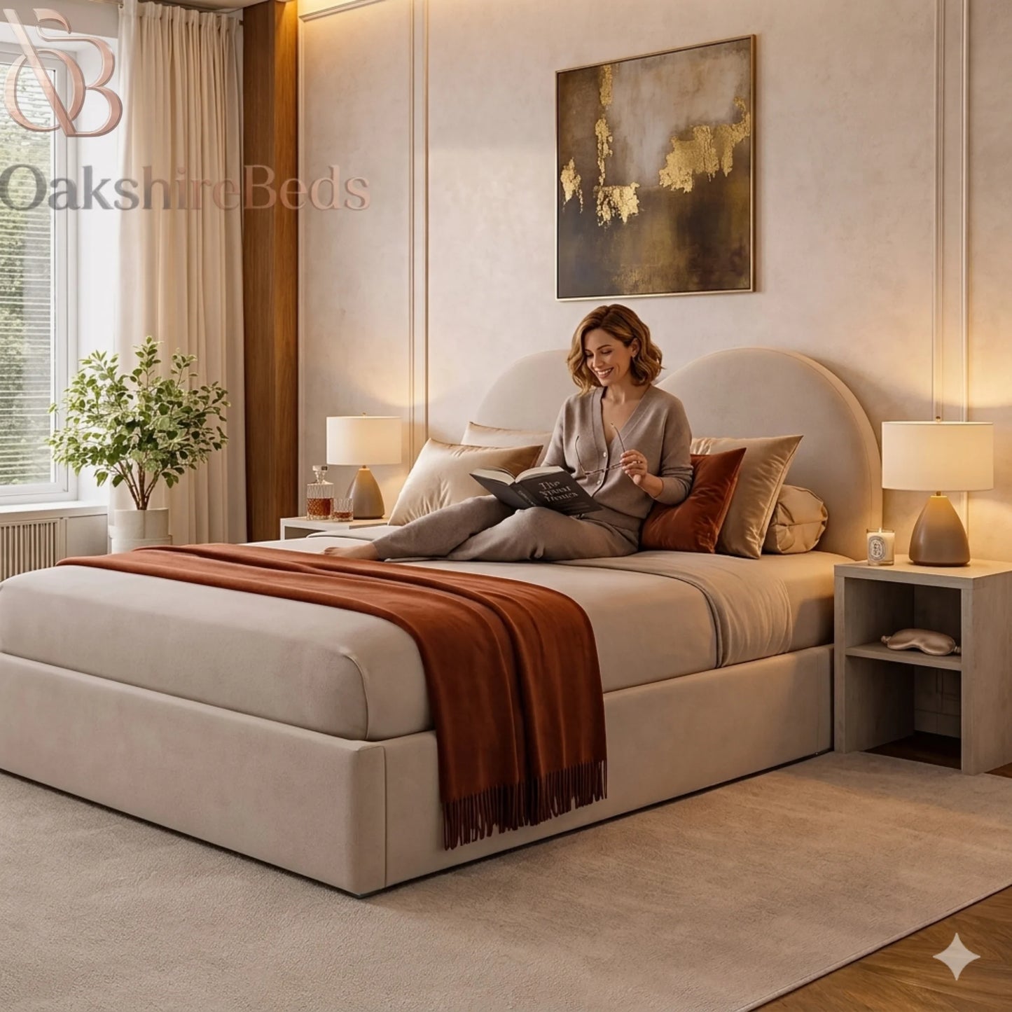 Modern Maison Amour bouclé bed in luxury bedroom setting with soft textured upholstery