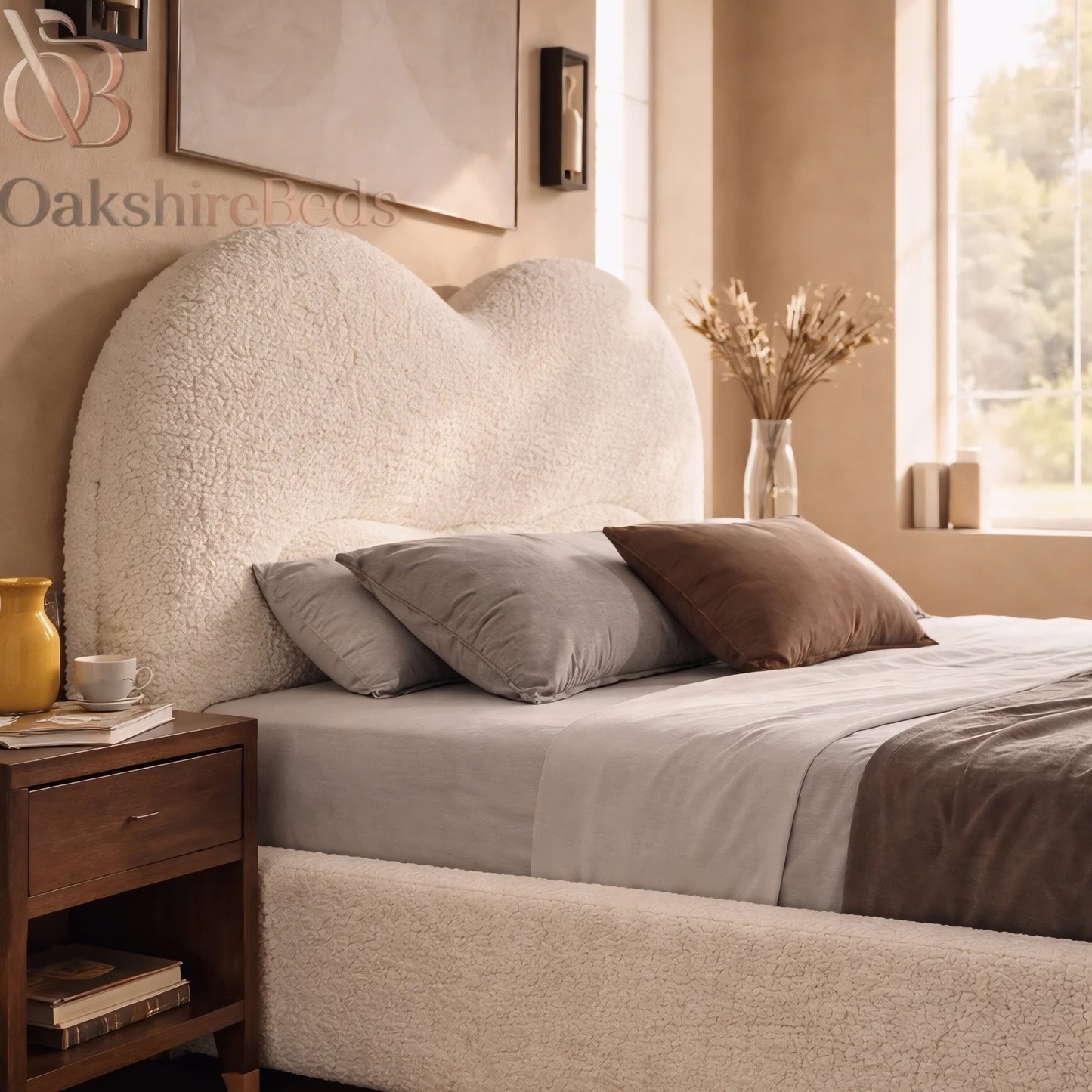 Modern Maison Amour bouclé bed in luxury bedroom setting with soft textured upholstery thick headboard