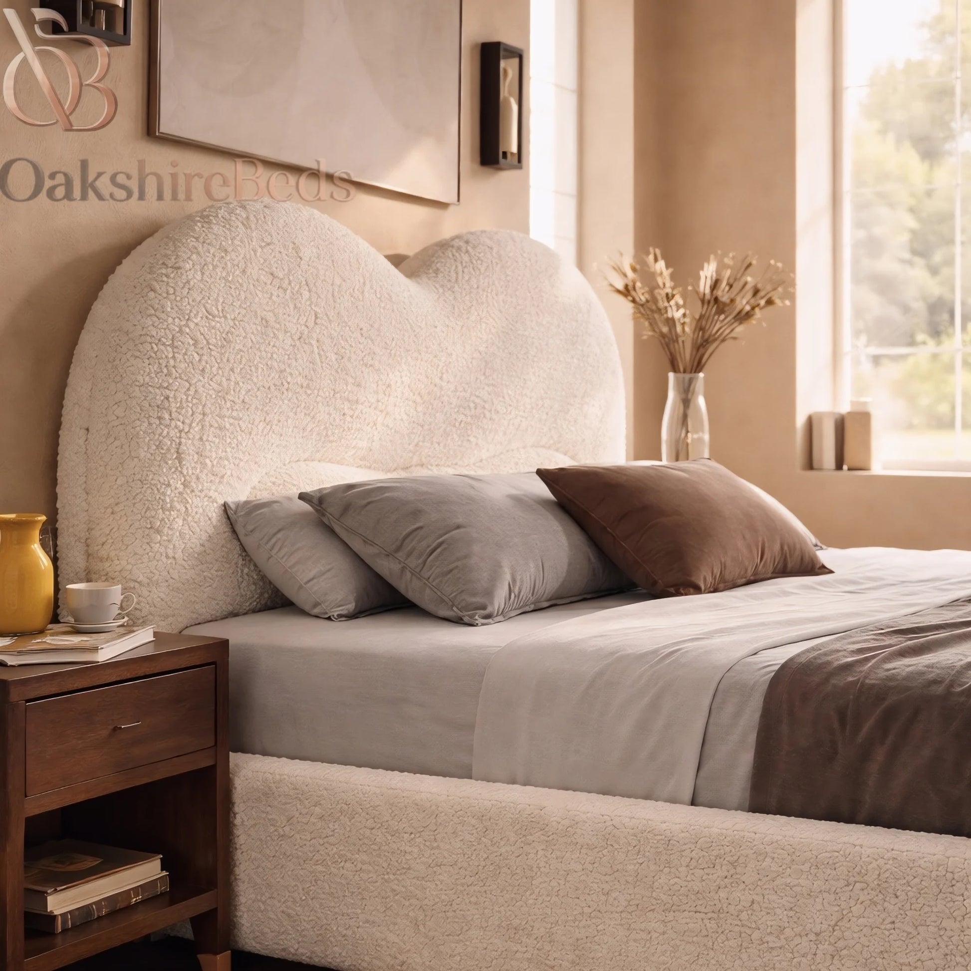 Modern Maison Amour bouclé bed in luxury bedroom setting with soft textured upholstery thick headboard