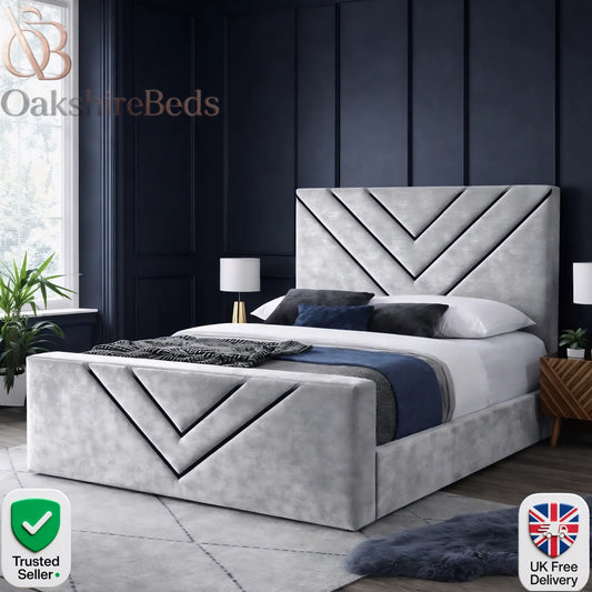 Mason V Trim Bed luxury black trim upholstered bed with bold 21 inch footboard by OakshireBeds UK
