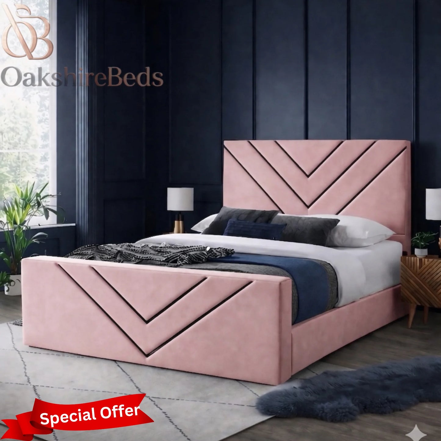Mason V Trim Bed size chart showing single double king and super king bed dimensions UK pink olo