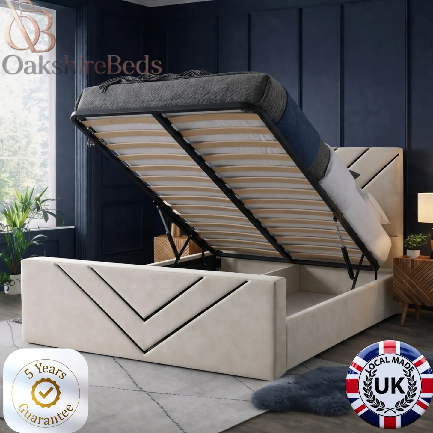 Mason V Trim Bed ottoman storage option with hidden underbed storage and upholstered frame