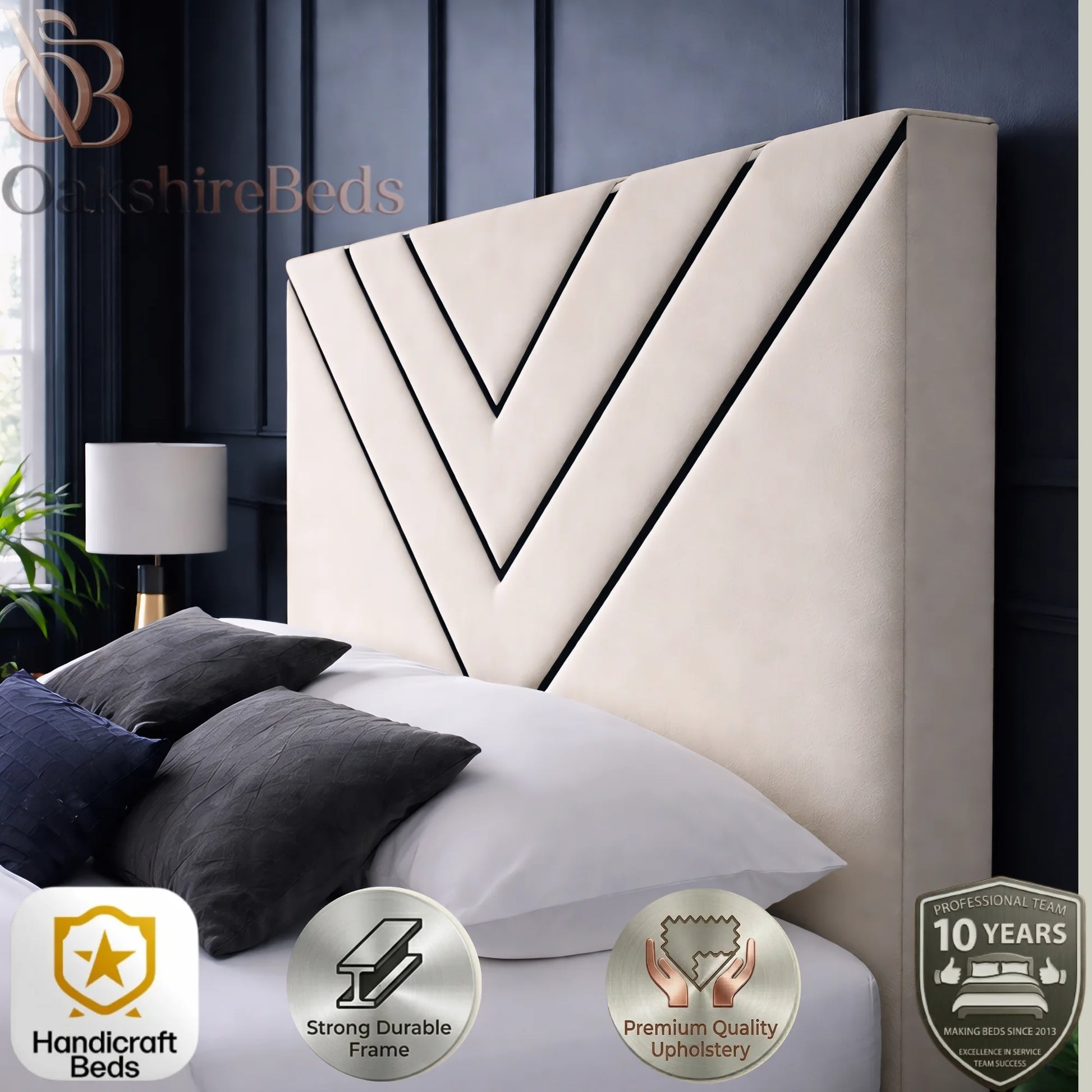 Mason V Trim Bed close-up showing thick padded 54 inch headboard and black trim detailing