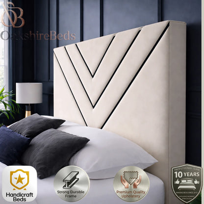 Mason V Trim Bed close-up showing thick padded 54 inch headboard and black trim detailing