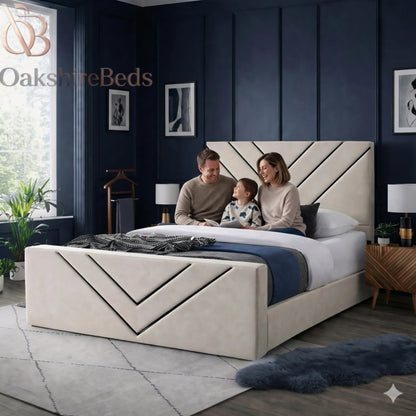 Modern Mason V black trim upholstered bed in luxury contemporary bedroom interior