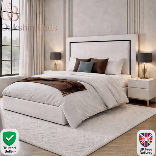 Monroe Trim Bed luxury upholstered bed with black gold and silver trim by OakshireBeds UK