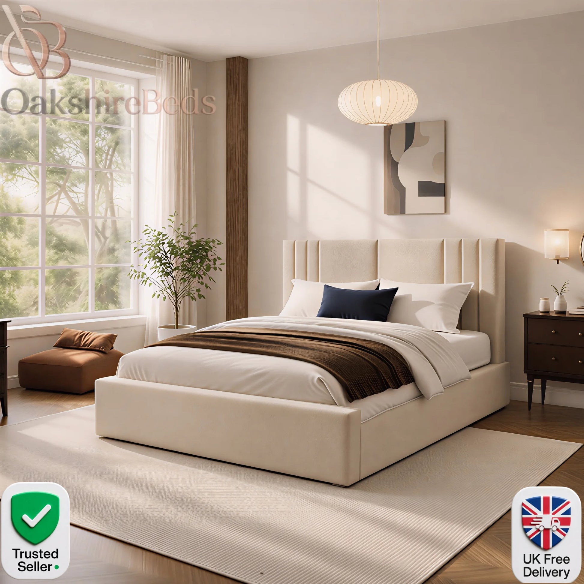 Naples Aura Bed upholstered storage bed in modern luxury fabric finish by OakshireBeds UK