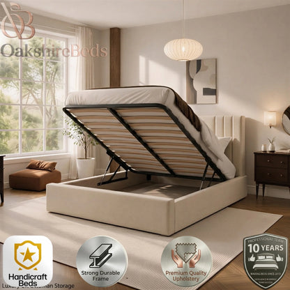 Naples Aura ottoman storage bed with spacious underbed storage compartment in luxury fabric