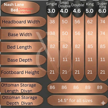 Nash Lane Trim Bed ottoman storage option with hidden underbed storage and luxury upholstery size chart
