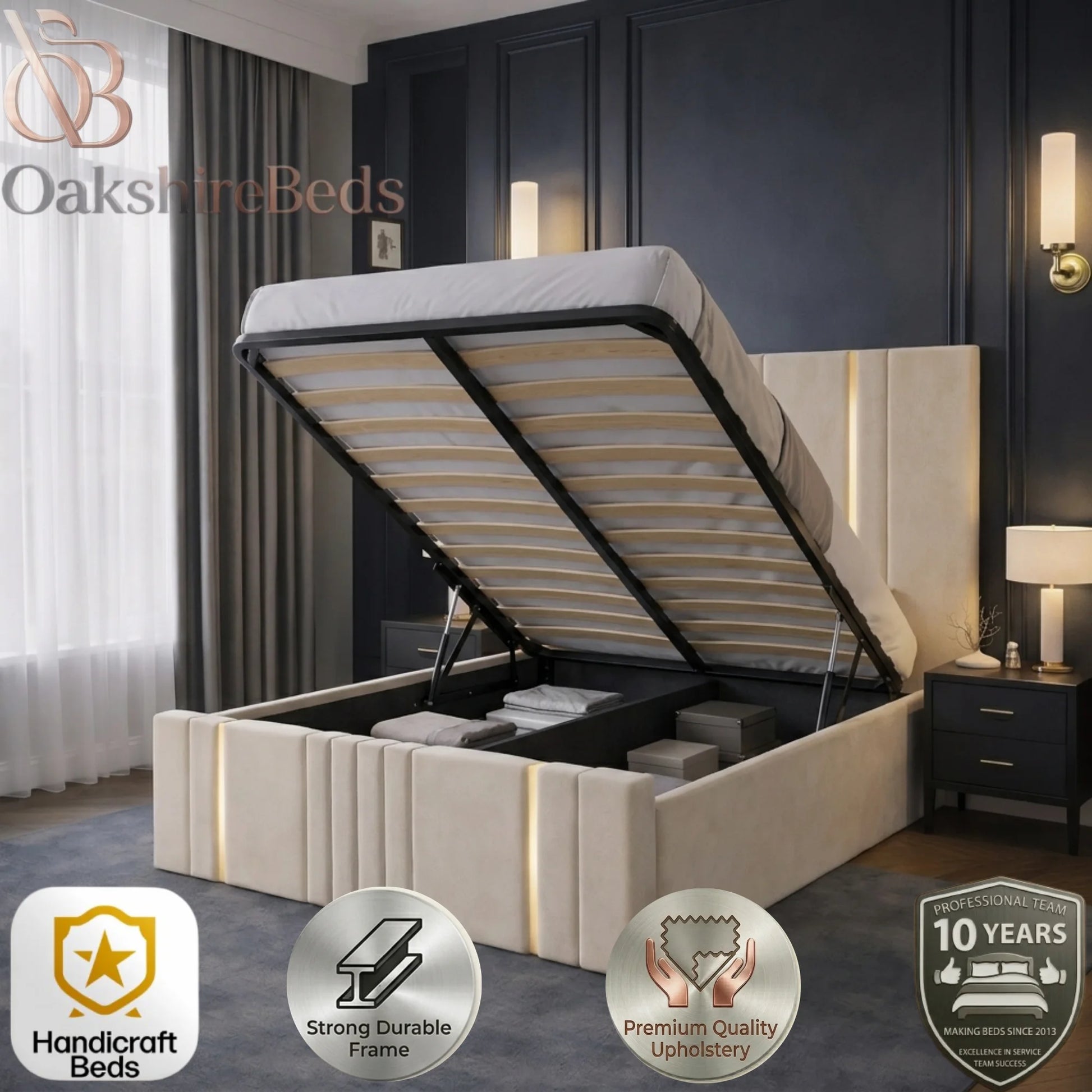 Nash Lane Trim Bed ottoman storage option with hidden underbed storage and luxury upholstery