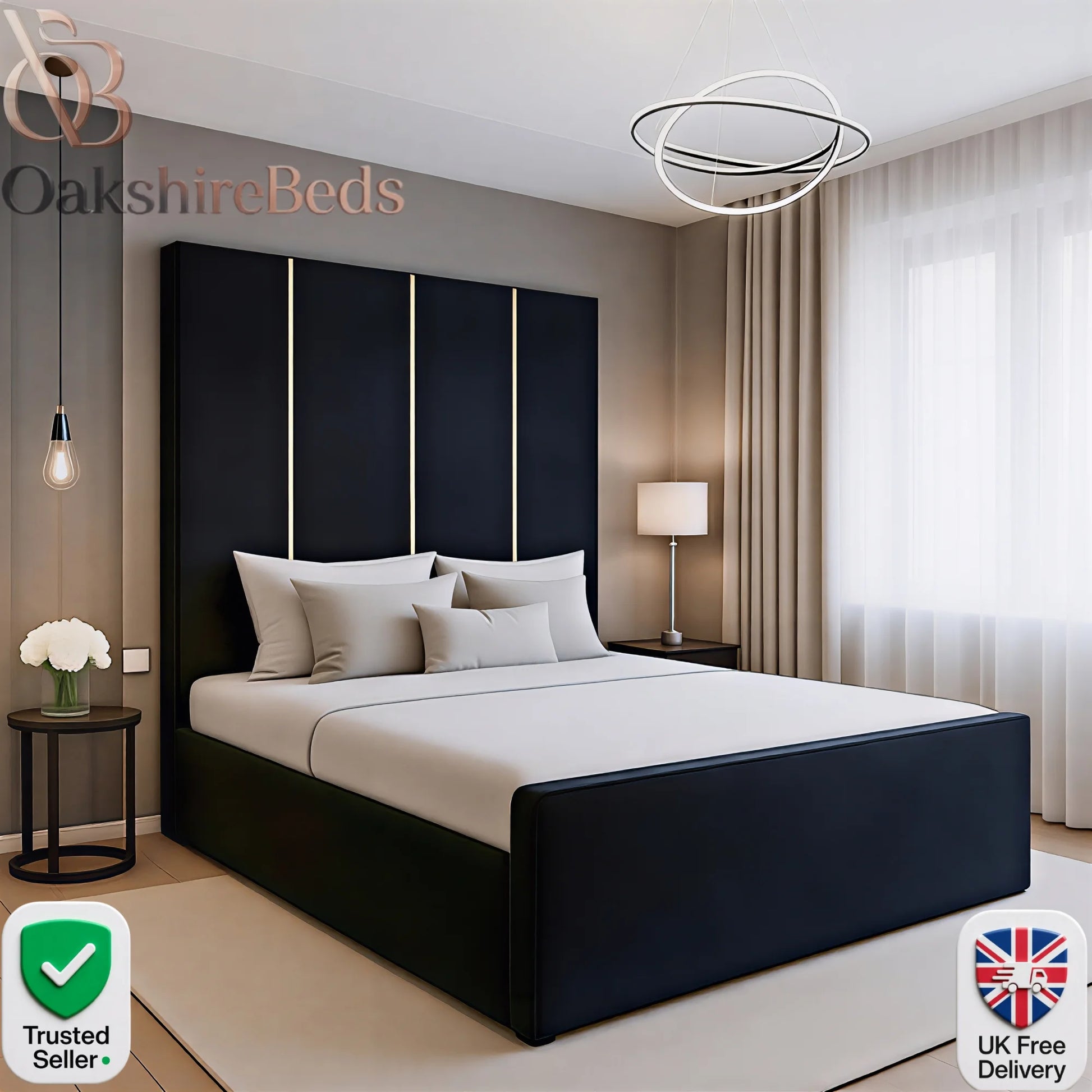 Nero Luxury Upholstered Bed Frame with Gold Trim & Storage | OakshireBeds UK
