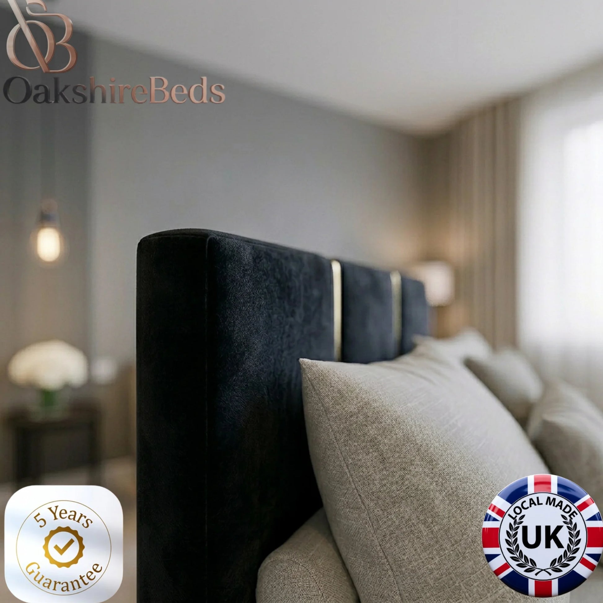 Nero Luxury Upholstered Bed Frame with Gold Trim & Storage | OakshireBeds UK