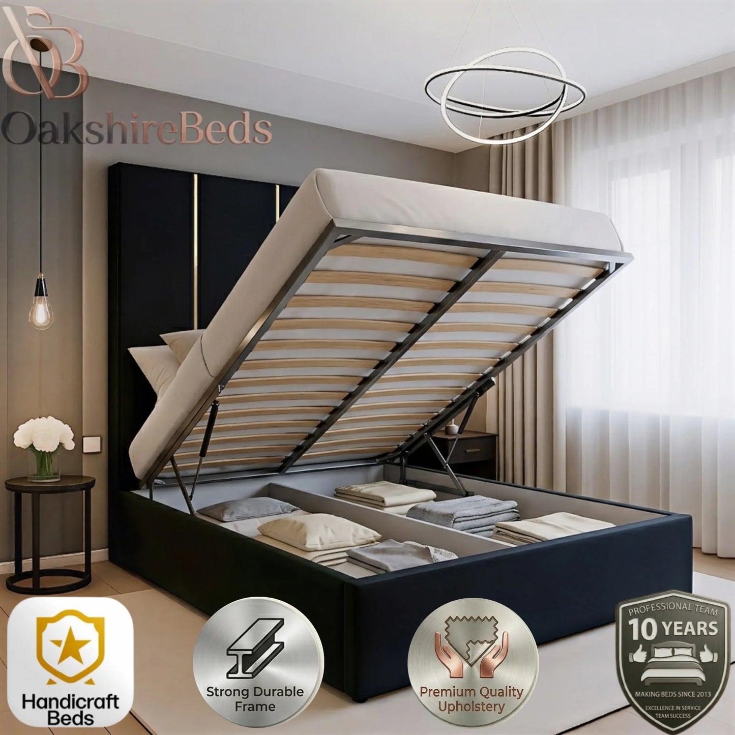 Nero Luxury Upholstered Bed Frame with Gold Trim & Storage | OakshireBeds UK
