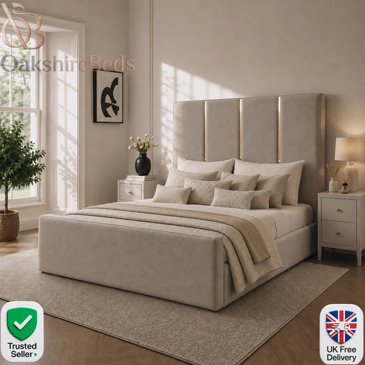 Nero Luxury Upholstered Storage Bed Gold Trim