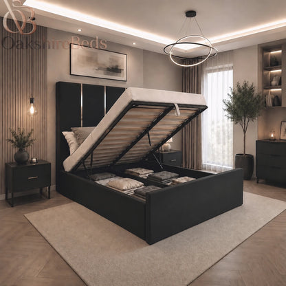 Nero Luxury Upholstered Storage Bed Gold Trim