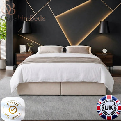 King size divan storage bed UK with solid base design and luxury wall panel bedroom interior