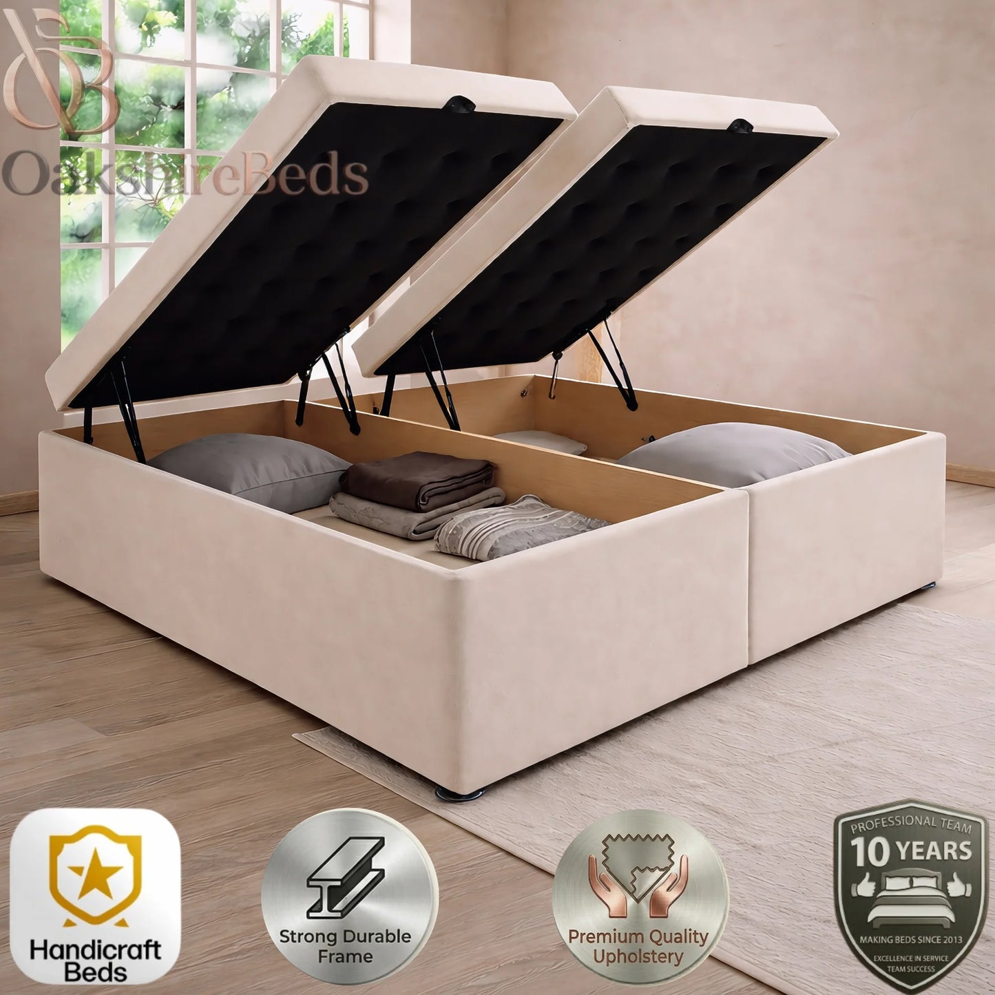 Modern solid divan storage bed UK featuring lift up ottoman storage and elegant bedroom styling