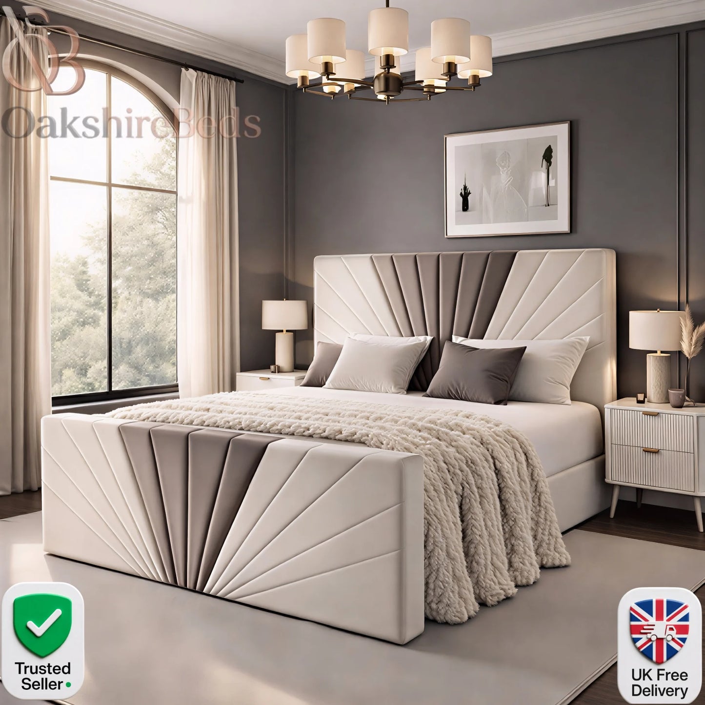 Opal Sunrise Bed UK luxury plush upholstered bed in cream plush fabric with blanket and modern high headboard by OakshireBeds