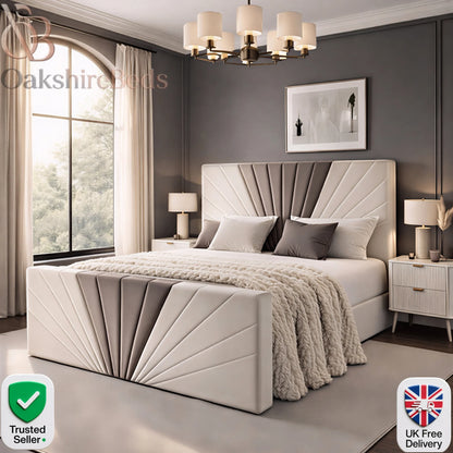 Opal Sunrise Bed UK luxury plush upholstered bed in cream plush fabric with blanket and modern high headboard by OakshireBeds