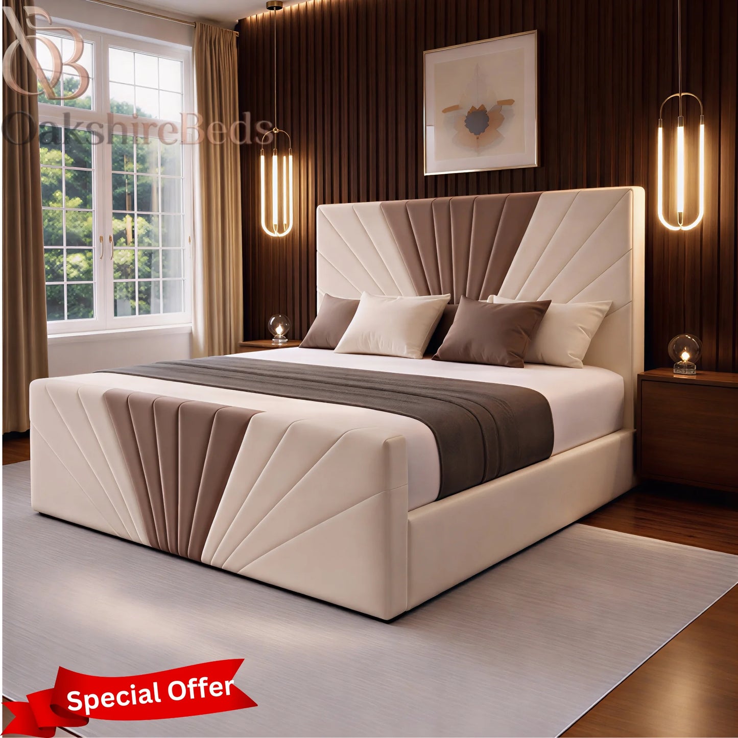 Opal Sunrise Bed cream plush upholstered bed frame with tall headboard and luxury trim design UK