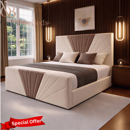 Opal Sunrise Bed cream plush upholstered bed frame with tall headboard and luxury trim design UK