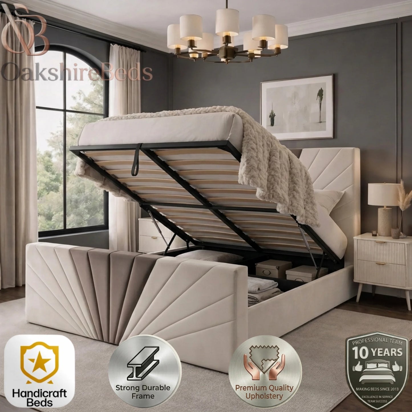 Luxury Opal Sunrise Bed handmade upholstered bed frame with cream and mink plush fabric and strong durable frame UK ottoman storage divan stoarge