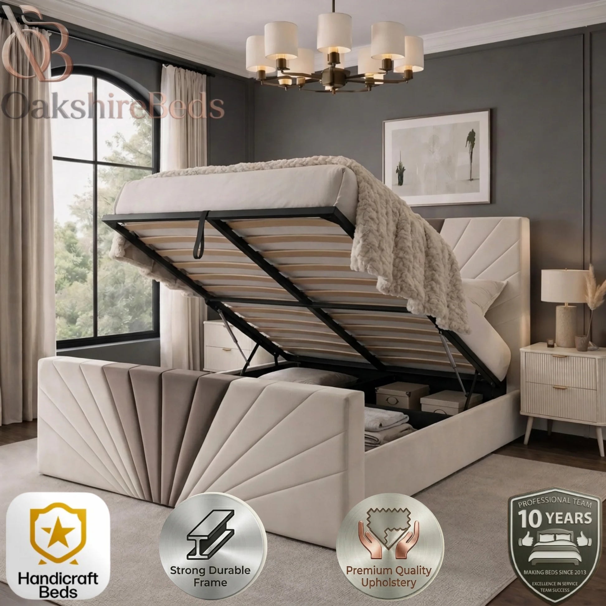 Luxury Opal Sunrise Bed handmade upholstered bed frame with cream and mink plush fabric and strong durable frame UK ottoman storage divan stoarge