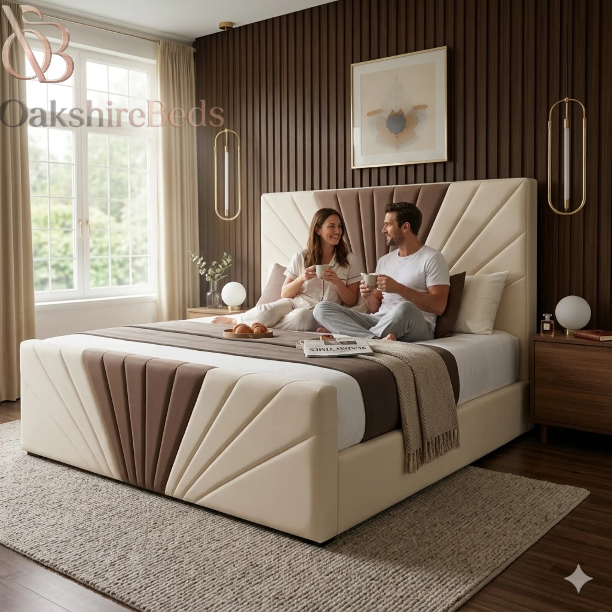 Luxury Opal Sunrise Bed handmade upholstered bed frame with cream and mink plush fabric and strong durable frame UK lifestyle