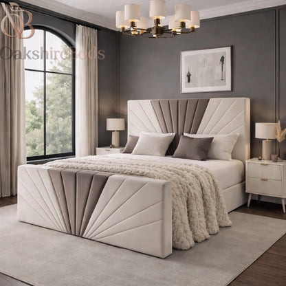 Luxury Opal Sunrise Bed handmade upholstered bed frame with cream and mink plush fabric and strong durable frame UK