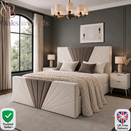 Opal Storage Double Bed UK| Luxury Plush Upholstered Bed Cream & Mink | OakshireBeds