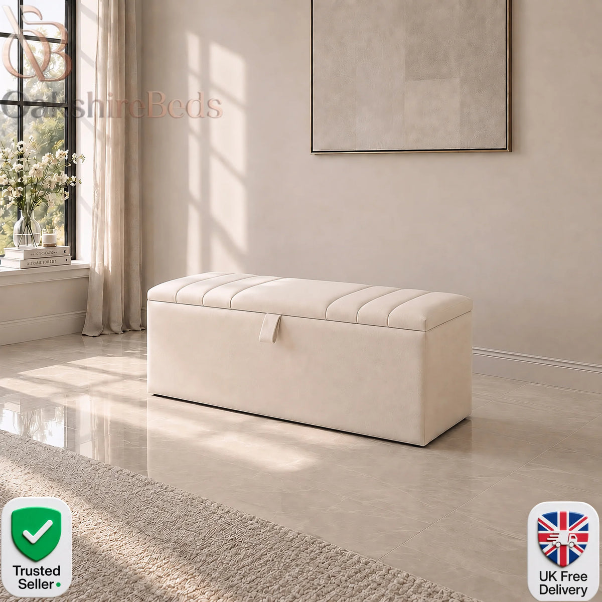 Prague upholstered blanket box with vertical-line detailing