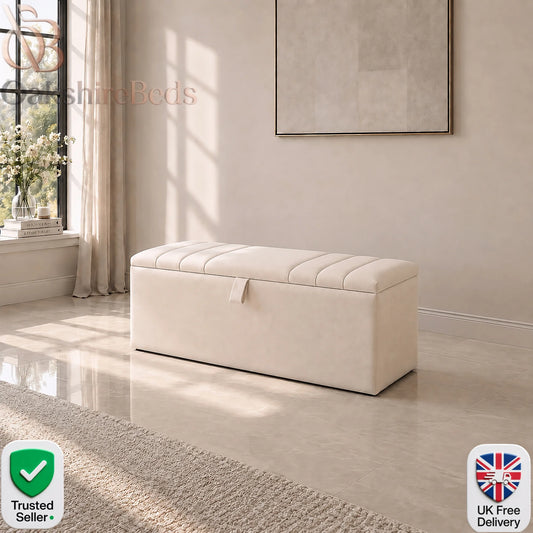 Prague upholstered blanket box with vertical-line detailing