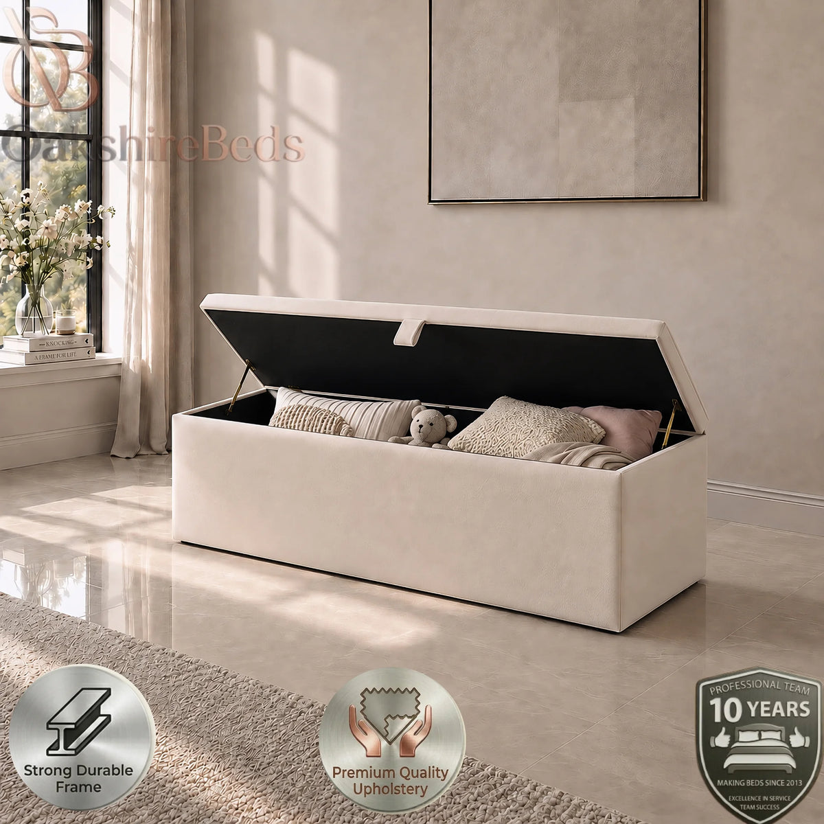 Prague blanket box open showing the internal storage compartment