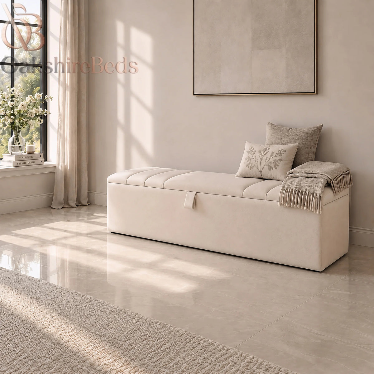 Prague upholstered blanket box styled in an elegant bedroom