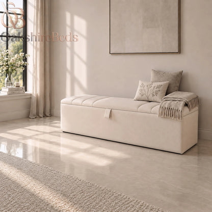 Prague upholstered blanket box styled in an elegant bedroom