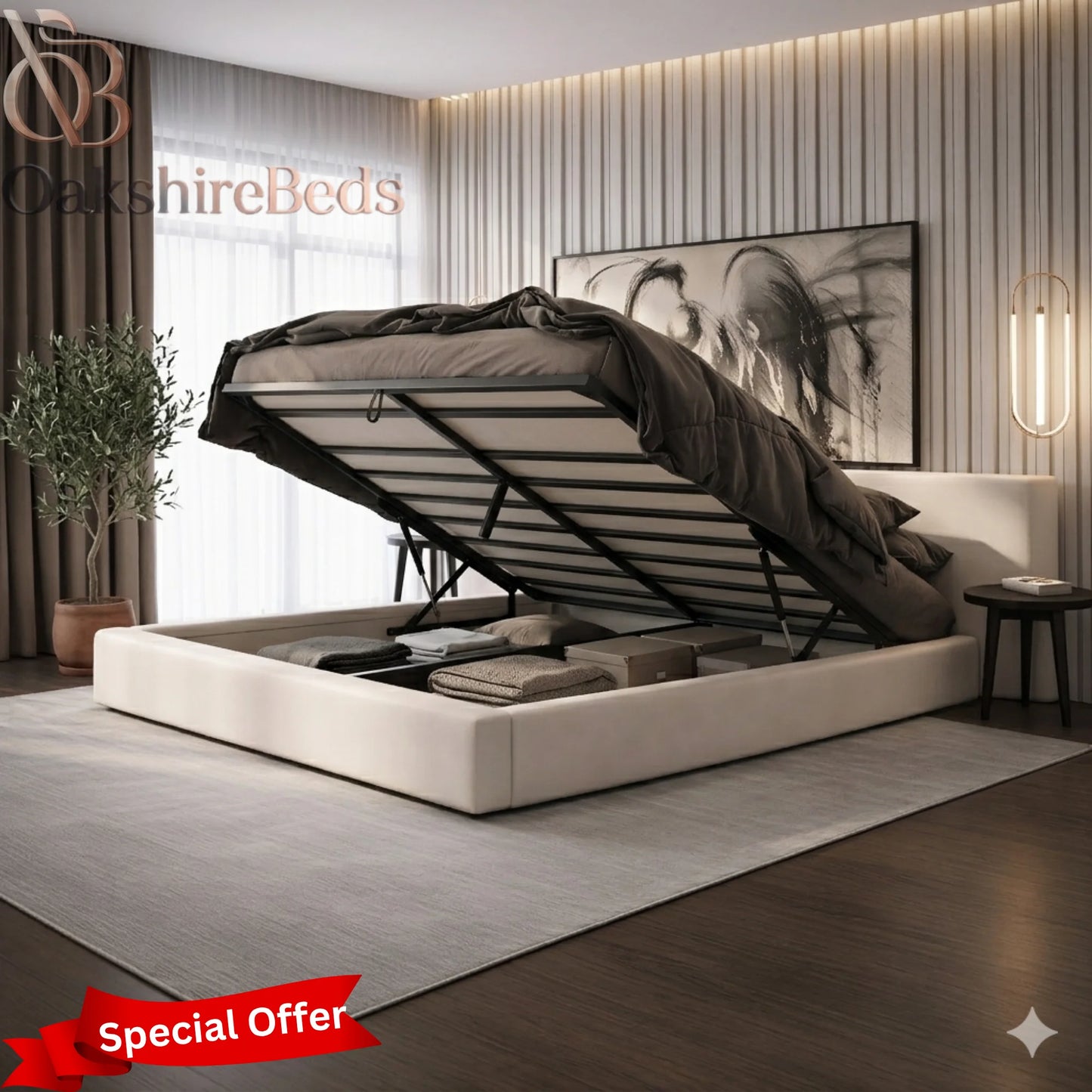 Umbra Bed Frame UK – Modern Upholstered Ottoman Cage Storage Wing Bed | OakshireBeds