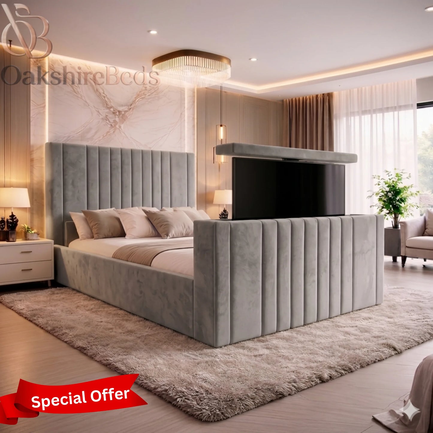 Seraphina Luxe TV Bed – Luxury Upholstered TV Bed Frame UK | OakshireBeds