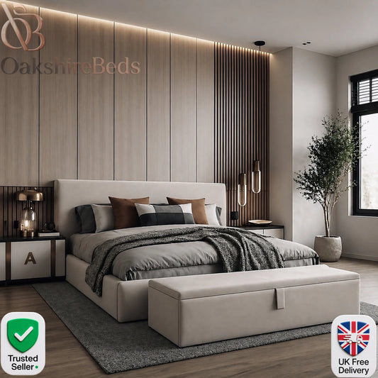 Soho Storage Bed UK by OakshireBeds with modern upholstered frame, sleek headboard and ottoman storage design