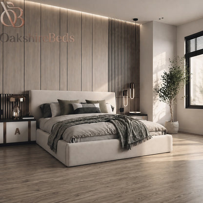 Modern bedroom featuring Soho Storage Bed with minimalist upholstered design, cosy décor and contemporary furniture styling