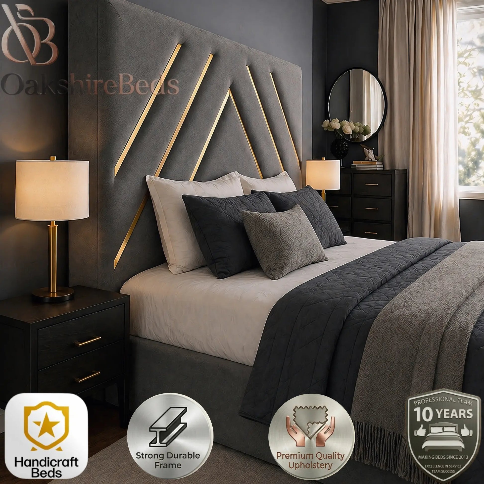 Close-up detail of Soma Gold Bed showing premium fabric upholstery, gold trim finish and luxury stitched headboard