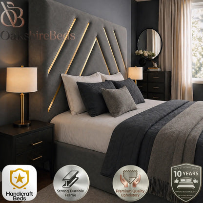 Close-up detail of Soma Gold Bed showing premium fabric upholstery, gold trim finish and luxury stitched headboard