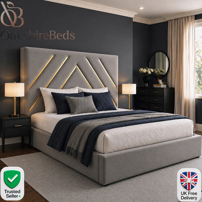 Soma Gold Bed UK by OakshireBeds with luxury upholstered frame, elegant gold trim detailing and modern storage design