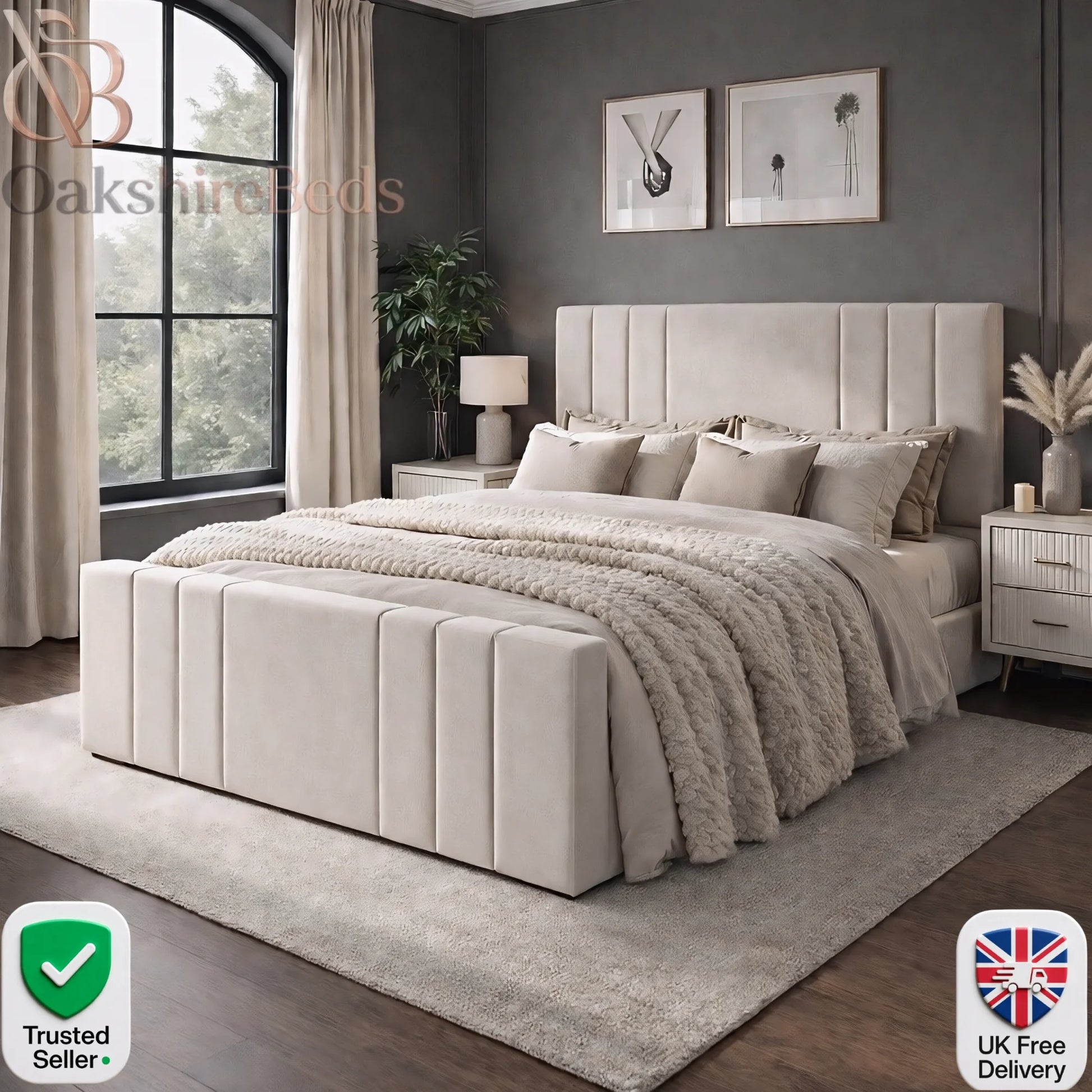 Stella Bed luxury upholstered storage bed by OakshireBeds with 48 inch headboard and 21 inch footboard in modern UK bedroom