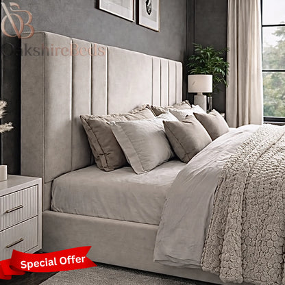 Close up detail of Stella Bed premium upholstered headboard and luxury fabric finish by OakshireBeds UK