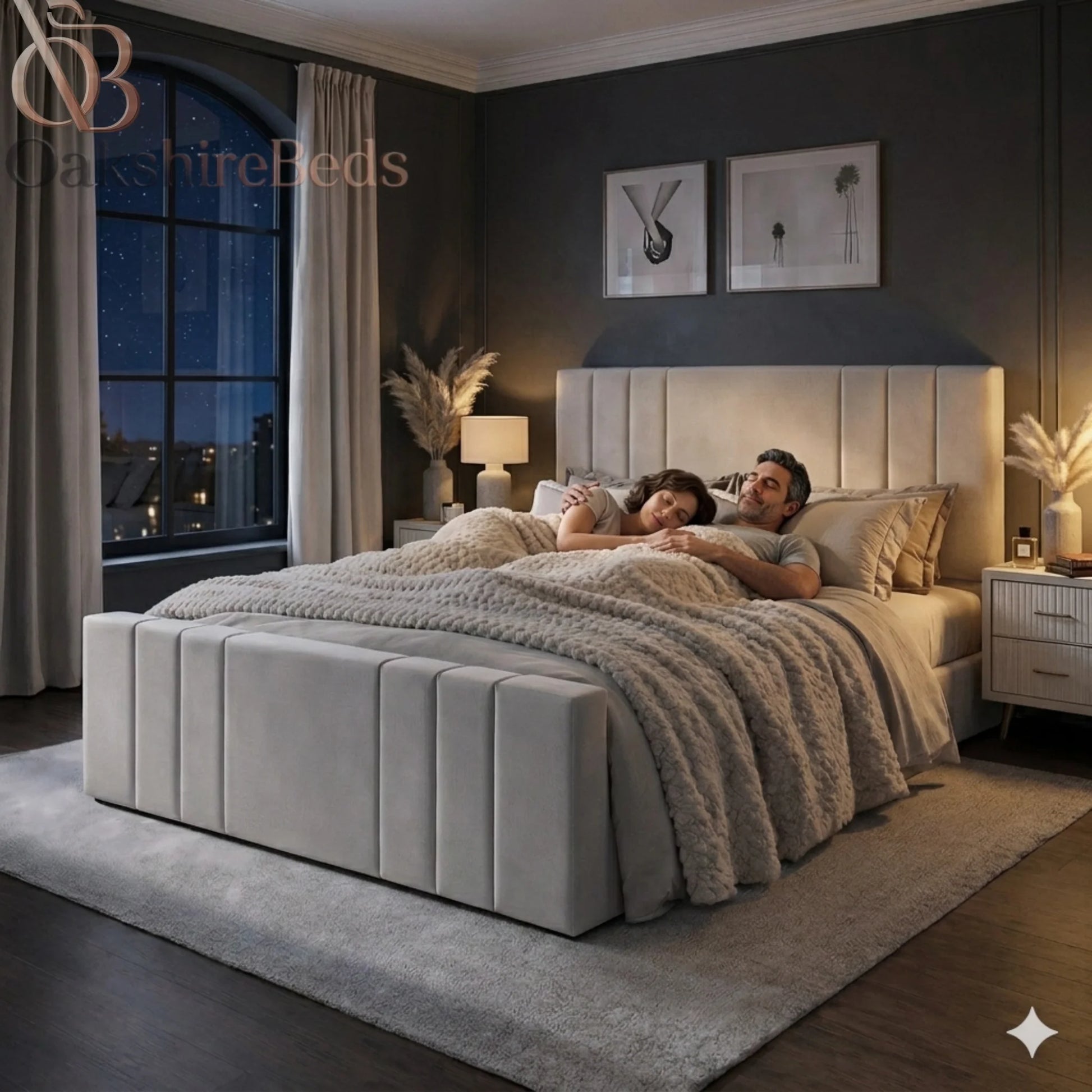 Happy family relaxing on Stella Bed luxury upholstered storage bed by OakshireBeds in stylish modern bedroom