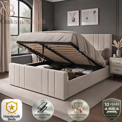 Stella Bed ottoman storage compartment open showing spacious under bed storage solution by OakshireBeds UK