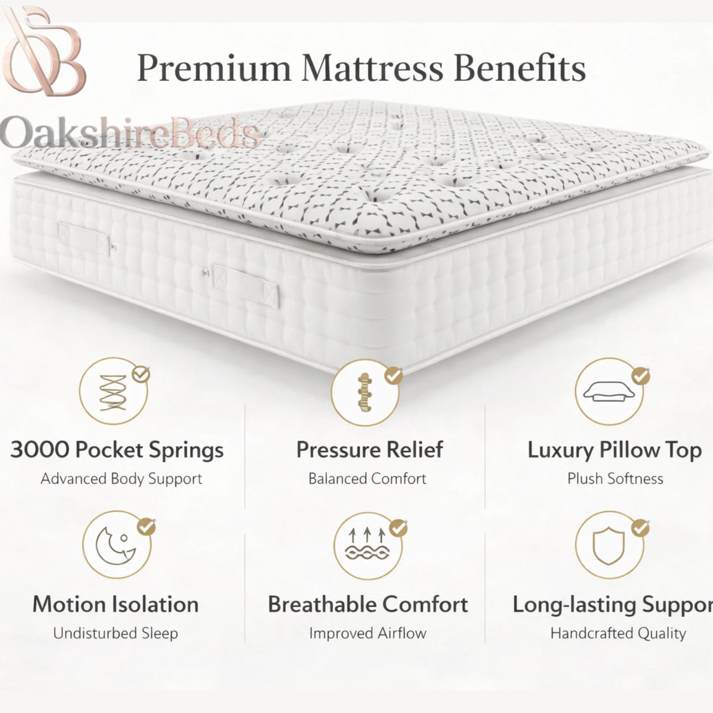 A luxury hotel quality mattress styled in a modern UK bedroom setting, demonstrating the premium height and elegant aesthetic.features benefit